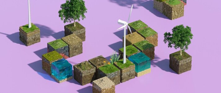 Obrazek przedstawia bloczki z gleba, wiatrakami, drezwami i wodą