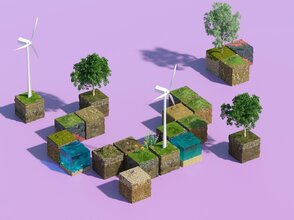 Obrazek przedstawia bloczki z gleba, wiatrakami, drezwami i wodą