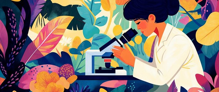 Obrazek przedstawia grafikę z kobietą i mikroskopem