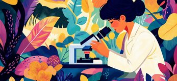 Obrazek przedstawia grafikę z kobietą i mikroskopem