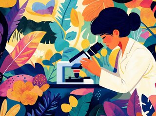 Obrazek przedstawia grafikę z kobietą i mikroskopem