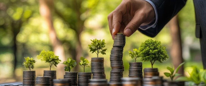 Obrazek przedstawa dłoń układająca monety w słupkach.