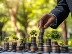 Obrazek przedstawa dłoń układająca monety w słupkach.