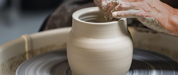 Zdjęcie przedstawia osobę formującą gliniane naczynie na kole garncarskim.
