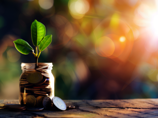 Zdjęcie przedstawia słoik z monetami i rośliną