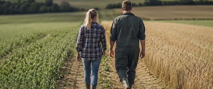 Zdjęcie przedstawia parę młodych rolników idących po polu