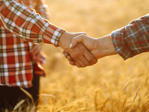 Obrazek przedstawia dwóch mężczyzn, którzy podają sobie ręce na tle pola