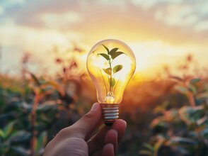 Obrazek przedstawia dłoń z żarówką, w której jest roślina. 