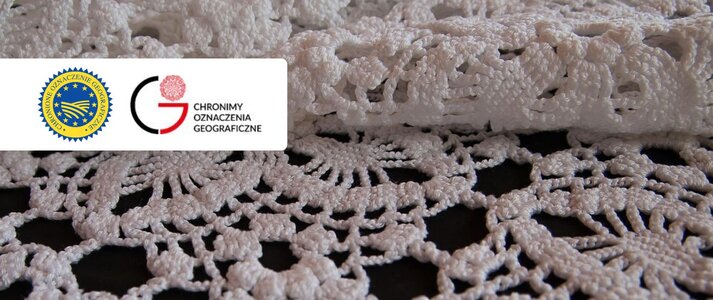 Obrazek przedstawia koronkę i logo oznaczenia geograficzne i chronimy oznaczenia geograficzne