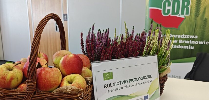 Obrazek przedstawia jabłka na stole i plakat konferencji