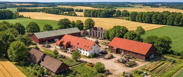 Obrazek przedstawia gospodarstwo z lotu ptaka