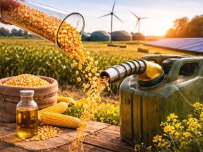Obrazek przedstawia przemiane kukurydzy w biopaliwo