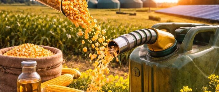 Obrazek przedstawia przemiane kukurydzy w biopaliwo