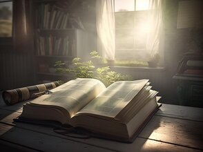 Obrazek przedstawia otwartą grubą książkę, leżącą na stole