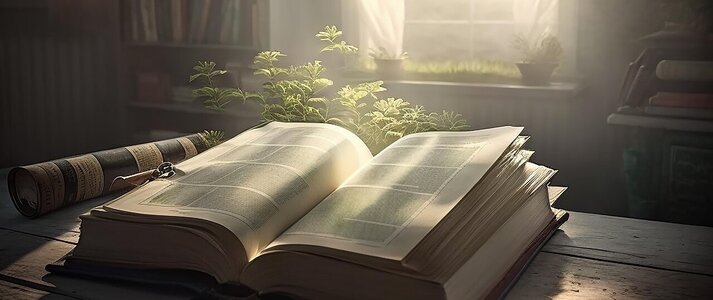 Obrazek przedstawia otwartą grubą książkę, leżącą na stole.