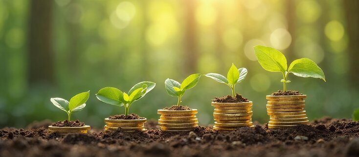 Zdjęcie przedstawia rośliny rosnace na monetach