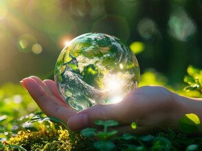 Zdjęcie przedstawia rękę trzymająca kulę ziemską