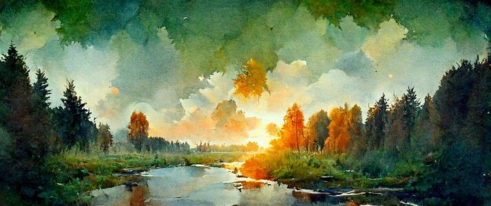 Obrazek przedstawia drzewa i jezioro namalowane farbami.