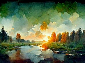 Obrazek przedstawia drzewa i jezioro namalowane farbami