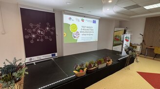 Obrazek przedstawia scenę i ekran na sali konferencyjnej