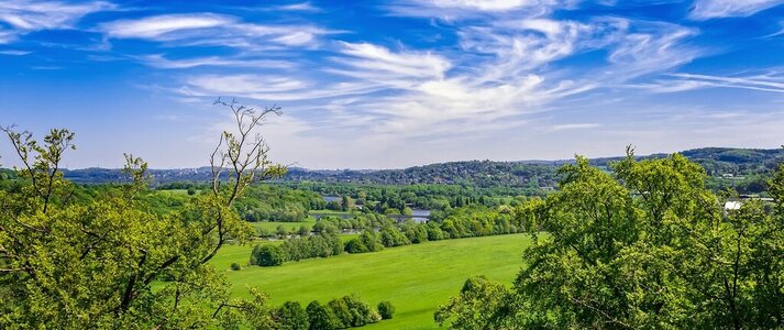Obrazek przedstawia widok na pola i łąki na wsi.