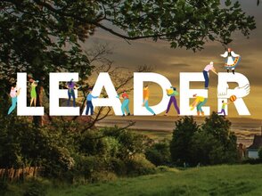 Obrazem przedstawie widok na wieś, drzewa i domy. Na obrazku jest napis LEADER