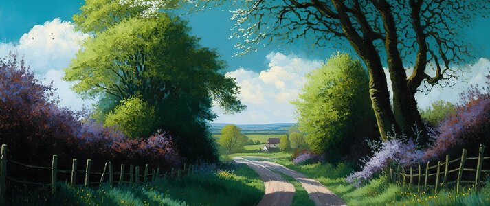 Obraz przedstawia wieś - droga i drzewa.