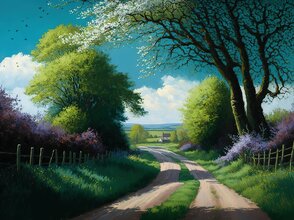 Obraz przedstawia wieś - droga i drzewa.