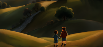 Obrazek wygenerwany przez Ai przedstawiający dzieci z widokiem na wyżyny