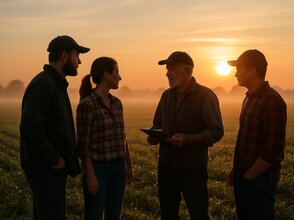 Obrazek przedstawia 4 rolników rolzmawiających na polu uprawnym o zachodzie słońca.