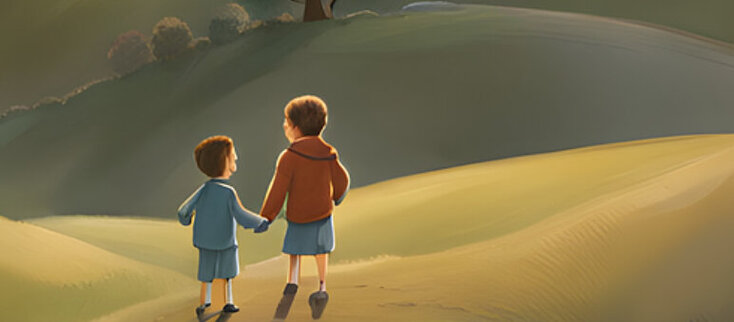 Obrazek wygenerowany przez AI przedstawiający dzieci z widokiem na wyżyny