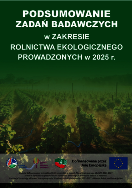 Obrazek pokazuje okładkę Podsumowanie zadań badawczych w zakresie rolnictwa ekologicznego prowadzonych w 2025r. 
