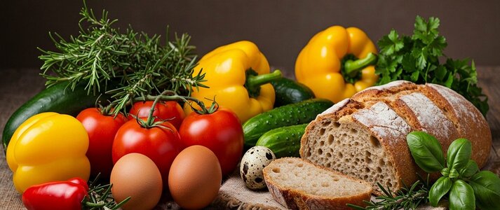 Obrazek przedstawia żywność: warzywa, chleb, zioła, jajka.