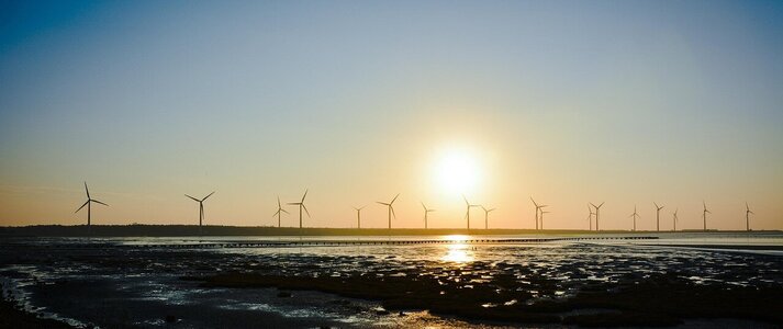 Zdjęcie przedstawia wiatraki o zachodzie słońca