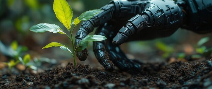 Obrazek wygenerowany przez Ai przedstawiający roślinę i rękę robota 