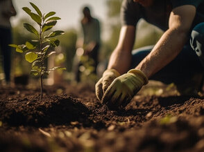 men are planting trees and watering them to help increase oxygen in the air and reduce global warming, Save world save life and Plant a tree